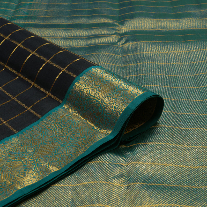 Hayagrivas Handloom Black Kanjivaram Silk Saree with Peacock Green Border KBE925H6-1