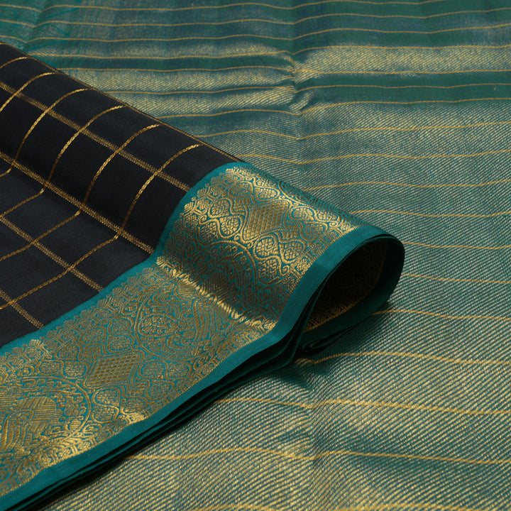 Hayagrivas Handloom Black Kanjivaram Silk Saree with Peacock Green Border KBE925H6-1