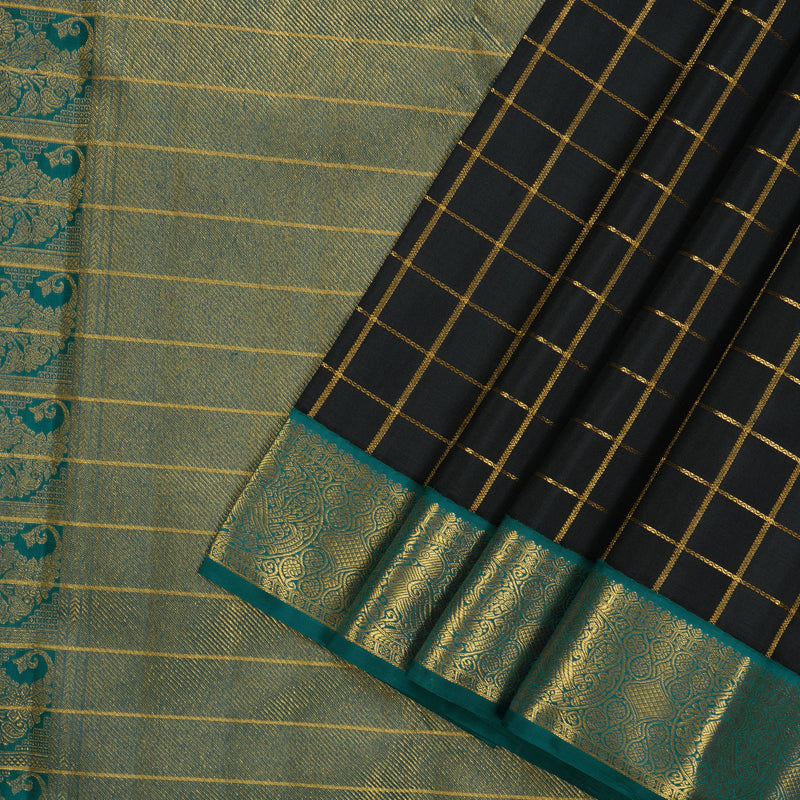 Hayagrivas Handloom Black Kanjivaram Silk Saree with Peacock Green Border KBE925H6-1
