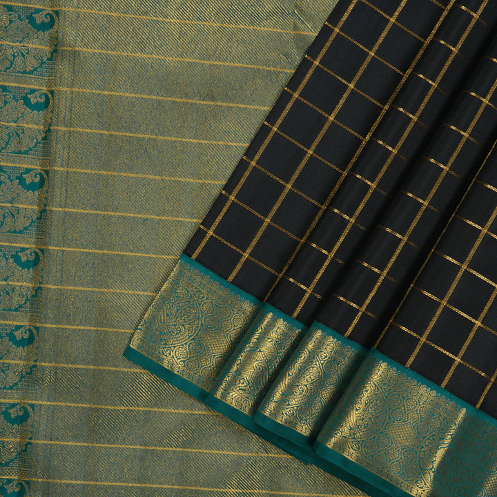 Hayagrivas Handloom Black Kanjivaram Silk Saree with Peacock Green Border KBE925H6-1