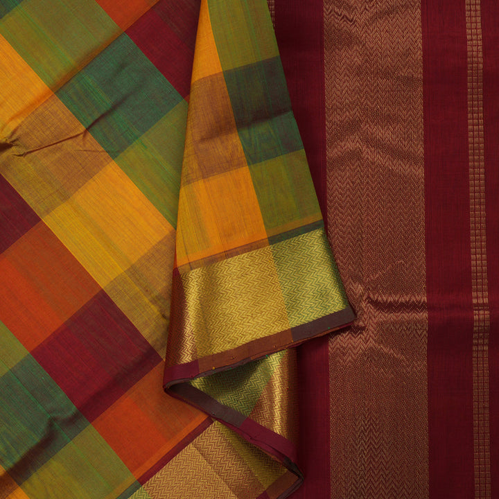 Hayagrivas Handloom Multicolour Checks Pure Silk Cotton Saree with Maroon Border KBE942H8-9