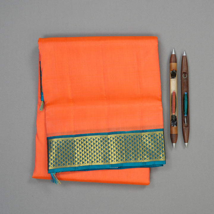 Hayagrivas Handloom Fanta Orange Kanjivaram Ten Yards Silk Saree with Rama Blue Border KBE945H1-12