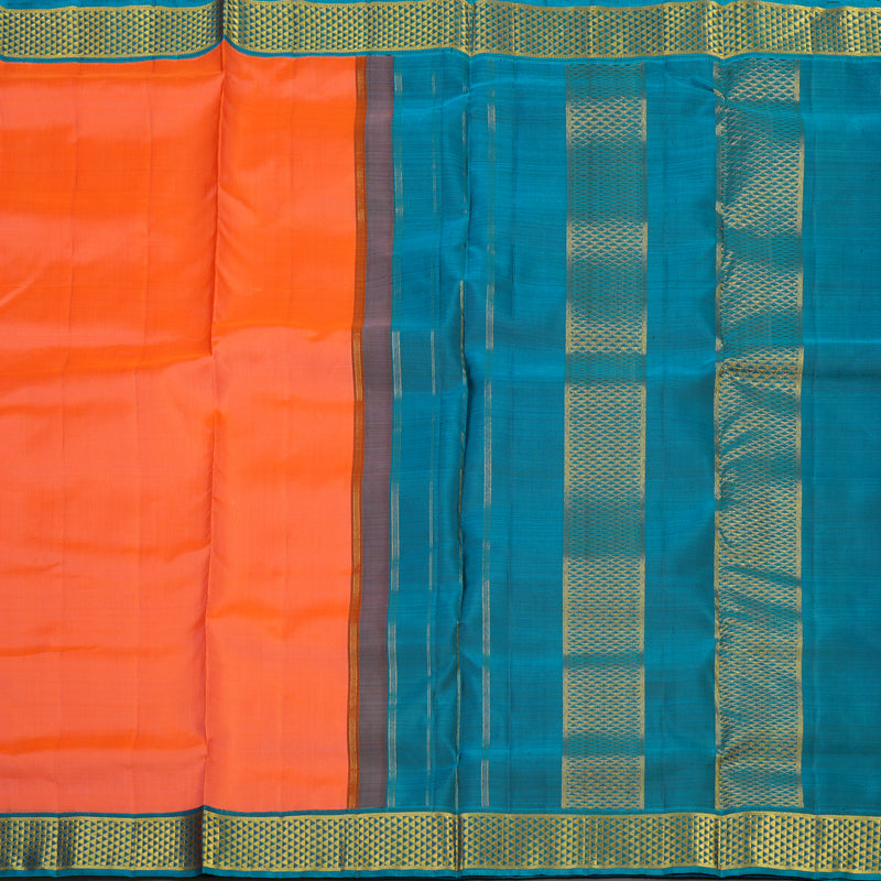 Hayagrivas Handloom Fanta Orange Kanjivaram Ten Yards Silk Saree with Rama Blue Border KBE945H1-12