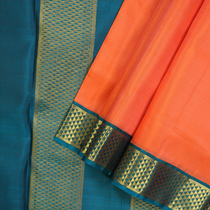 Hayagrivas Handloom Fanta Orange Kanjivaram Ten Yards Silk Saree with Rama Blue Border KBE945H1-12