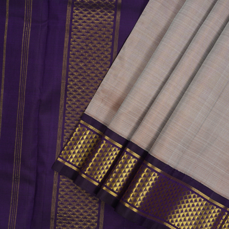 Hayagrivas Handloom Royal Beige Kanjivaram Ten Yards Silk Saree with Deep Violet Border KBE945H1-16
