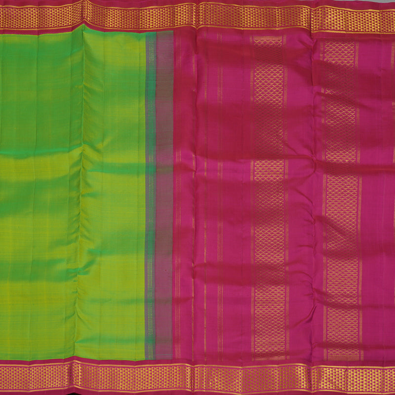 Hayagrivas Handloom Fluorescent Green Kanjivaram Ten Yards Silk Saree with Deep Pink Border KBE945H1-19