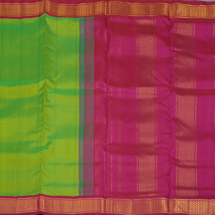 Hayagrivas Handloom Fluorescent Green Kanjivaram Ten Yards Silk Saree with Deep Pink Border KBE945H1-19