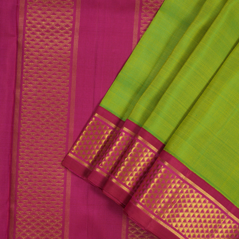 Hayagrivas Handloom Fluorescent Green Kanjivaram Ten Yards Silk Saree with Deep Pink Border KBE945H1-19