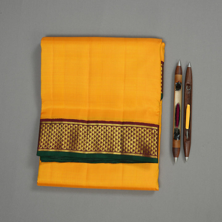 Hayagrivas Handloom Yellow Kanjivaram Ten Yards Silk Saree with Maroon Border KBE945H1-4