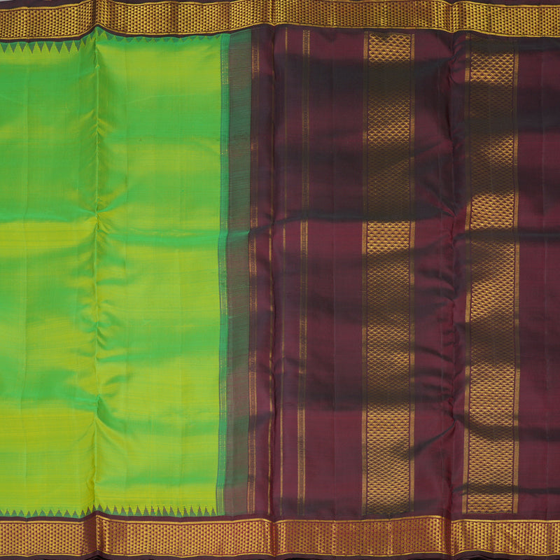Hayagrivas Handloom Fluorescent Green Kanjivaram Ten Yards Silk Saree with Wine Brown Border KBE945H4-2
