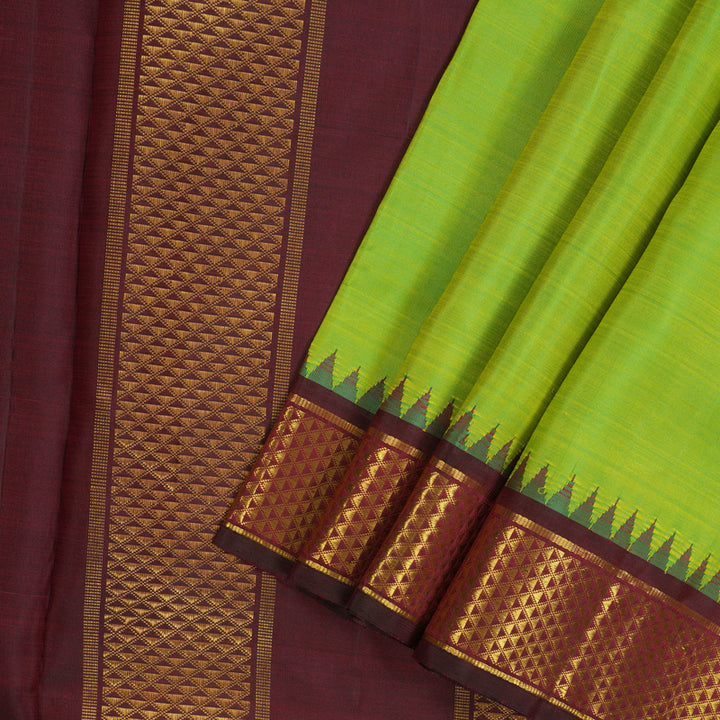 Hayagrivas Handloom Fluorescent Green Kanjivaram Ten Yards Silk Saree with Wine Brown Border KBE945H4-2