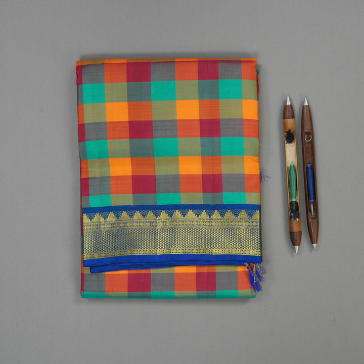 Hayagrivas Multicolour Checks Pure Ten Yards Silk Madisar with Peacock Blue border KBE945H5-1