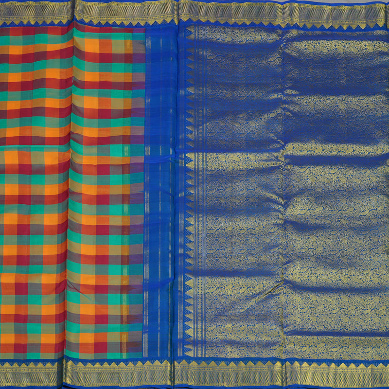 Hayagrivas Multicolour Checks Pure Ten Yards Silk Madisar with Peacock Blue border KBE945H5-1