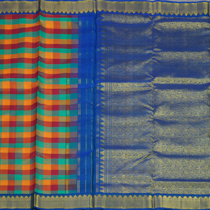 Hayagrivas Multicolour Checks Pure Ten Yards Silk Madisar with Peacock Blue border KBE945H5-1