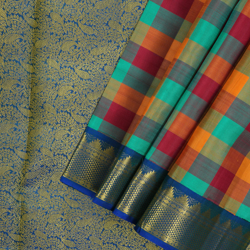 Hayagrivas Multicolour Checks Pure Ten Yards Silk Madisar with Peacock Blue border KBE945H5-1