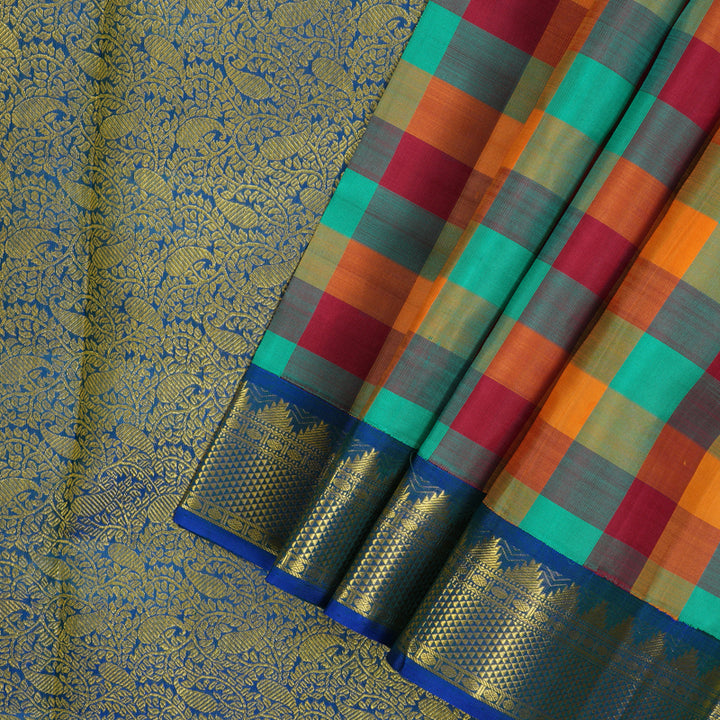 Hayagrivas Multicolour Checks Pure Ten Yards Silk Madisar with Peacock Blue border KBE945H5-1