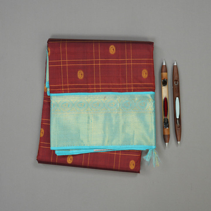 Hayagrivas Handloom Maroon Ten Yards Kanjivaram Silk Saree with Sky Blue Border KBE945H8-1