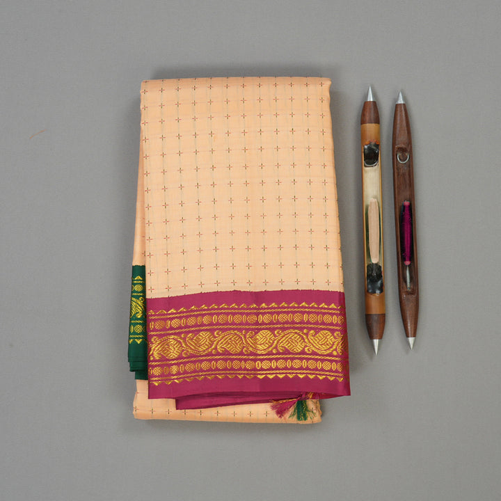 Hayagrivas Handloom Peach Kanjivaram Silk Saree with Green & Maroon (Ganga & Jamuna) Border KBE946H8-1