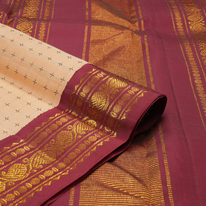 Hayagrivas Handloom Peach Kanjivaram Silk Saree with Green & Maroon (Ganga & Jamuna) Border KBE946H8-1