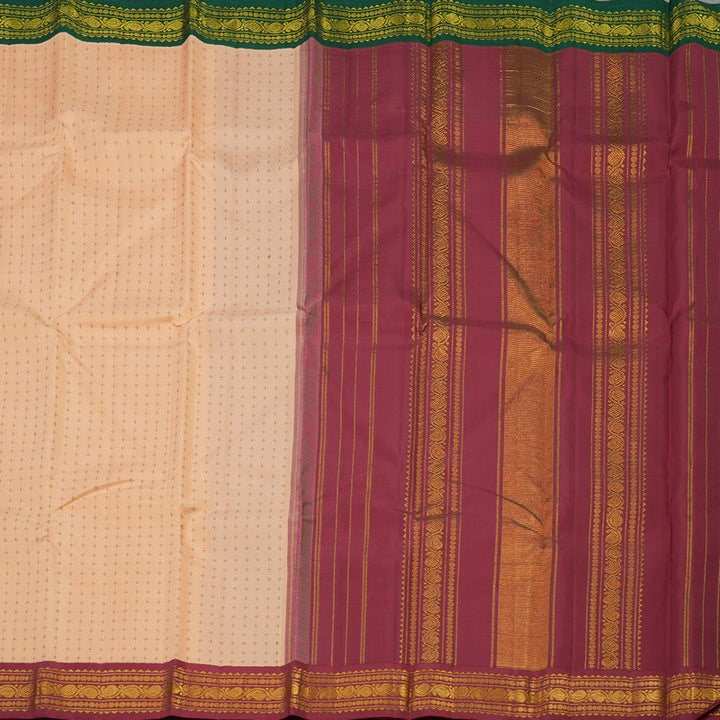 Hayagrivas Handloom Peach Kanjivaram Silk Saree with Green & Maroon (Ganga & Jamuna) Border KBE946H8-1