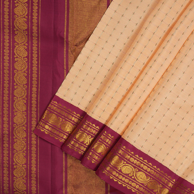 Hayagrivas Handloom Peach Kanjivaram Silk Saree with Green & Maroon (Ganga & Jamuna) Border KBE946H8-1