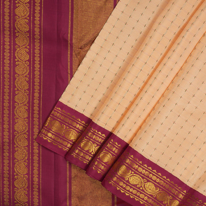 Hayagrivas Handloom Peach Kanjivaram Silk Saree with Green & Maroon (Ganga & Jamuna) Border KBE946H8-1
