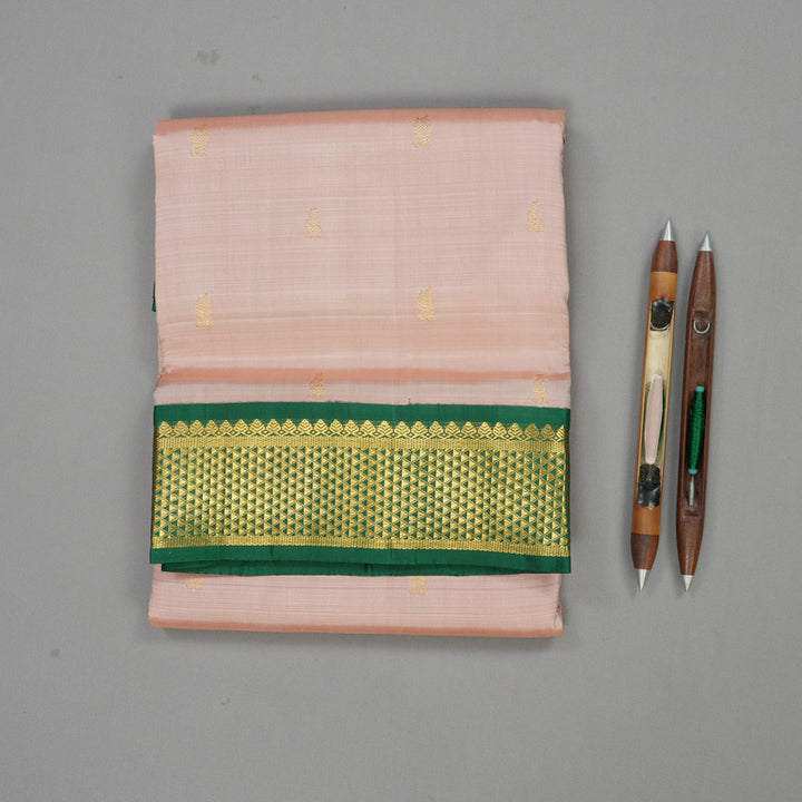 Hayagrivas Handloom Kanjivaram Onion Pink Ten Yards Silk Saree with Dark Green Border KBE949H3-1
