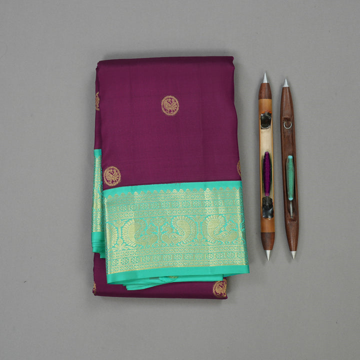 Hayagrivas Handloom Deep Purple Kanjivaram Silk Saree with Teal Border KBE949H6-3