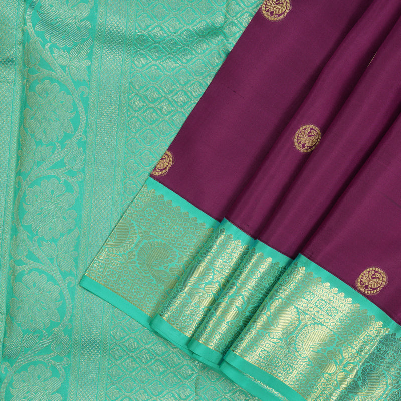 Hayagrivas Handloom Deep Purple Kanjivaram Silk Saree with Teal Border KBE949H6-3