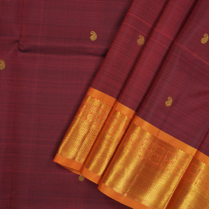 Hayagrivas Handloom Araku Maroon Kanjivaram Silk Pattu Pavadai with Golden Orange Border KBE954H1-1