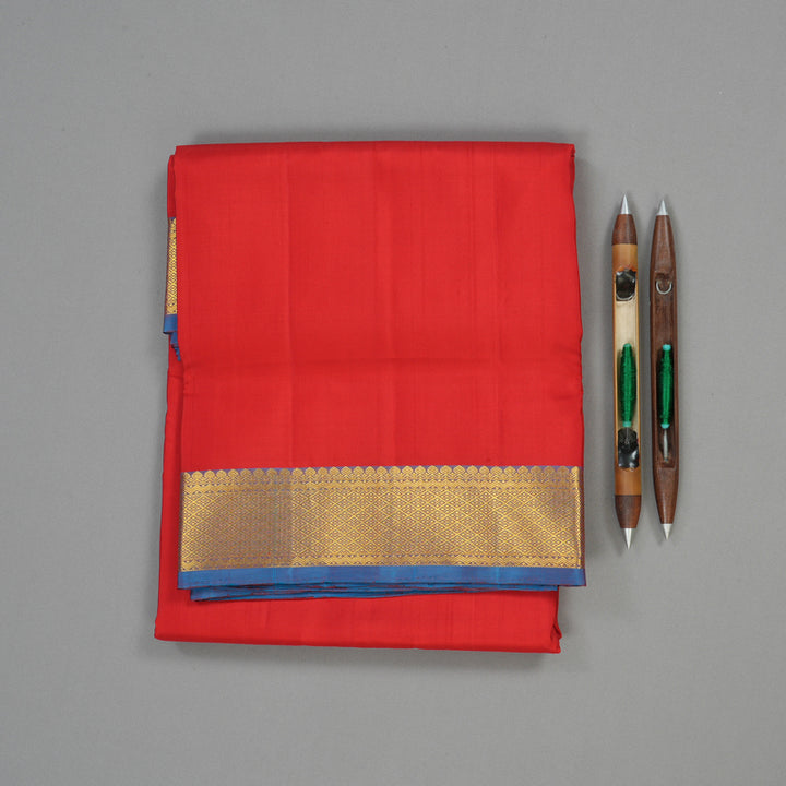 Hayagrivas Handloom Red Kanjivaram Ten Yards Silk Saree with Dual Toned Blue Border KBE958H1-1