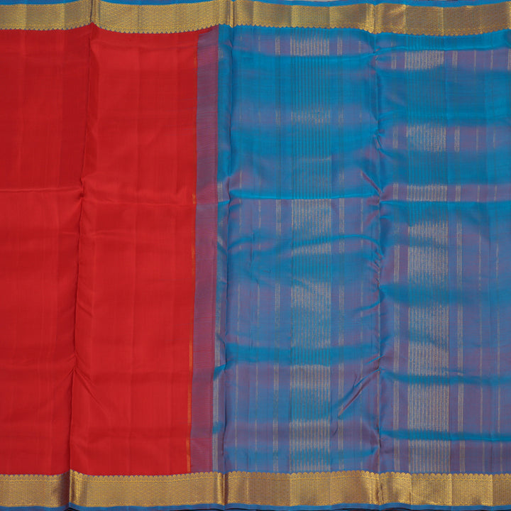 Hayagrivas Handloom Red Kanjivaram Ten Yards Silk Saree with Dual Toned Blue Border KBE958H1-1
