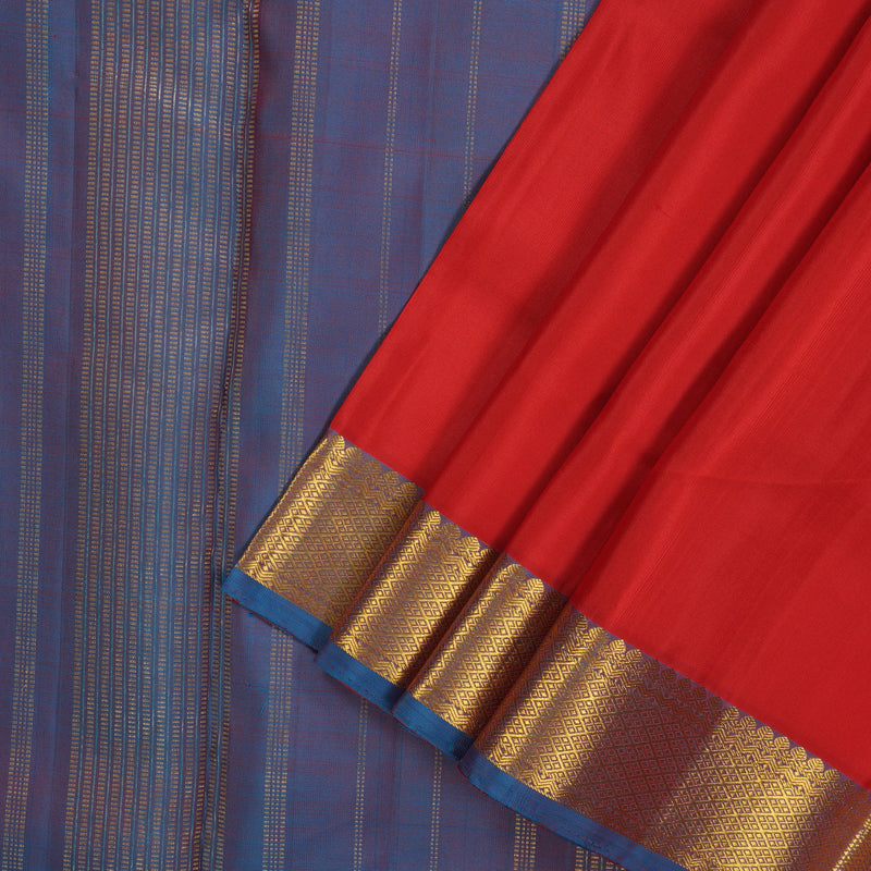 Hayagrivas Handloom Red Kanjivaram Ten Yards Silk Saree with Dual Toned Blue Border KBE958H1-1