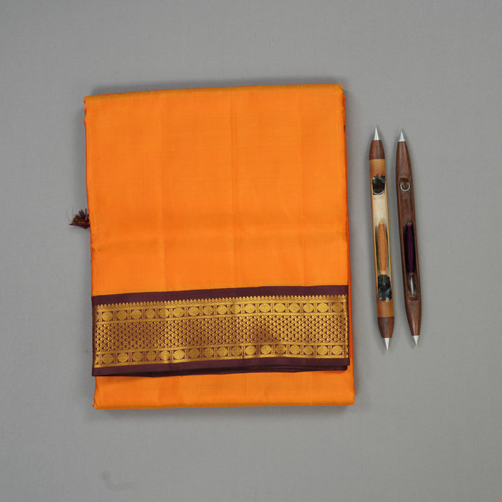 Hayagrivas Handloom Orange Kanjivaram Ten Yards Silk Saree with Deep Brown Border KBE958H2-1