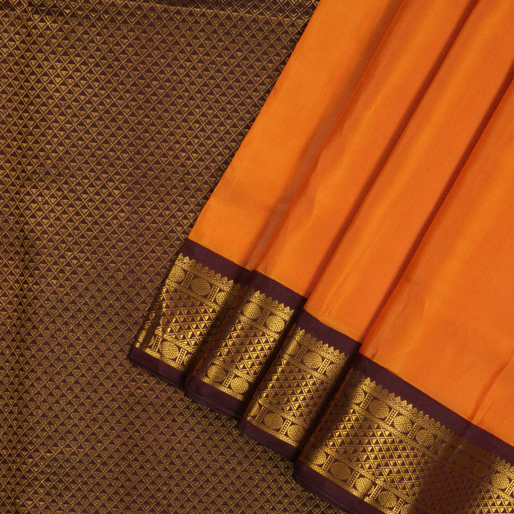 Hayagrivas Handloom Orange Kanjivaram Ten Yards Silk Saree with Deep Brown Border KBE958H2-1
