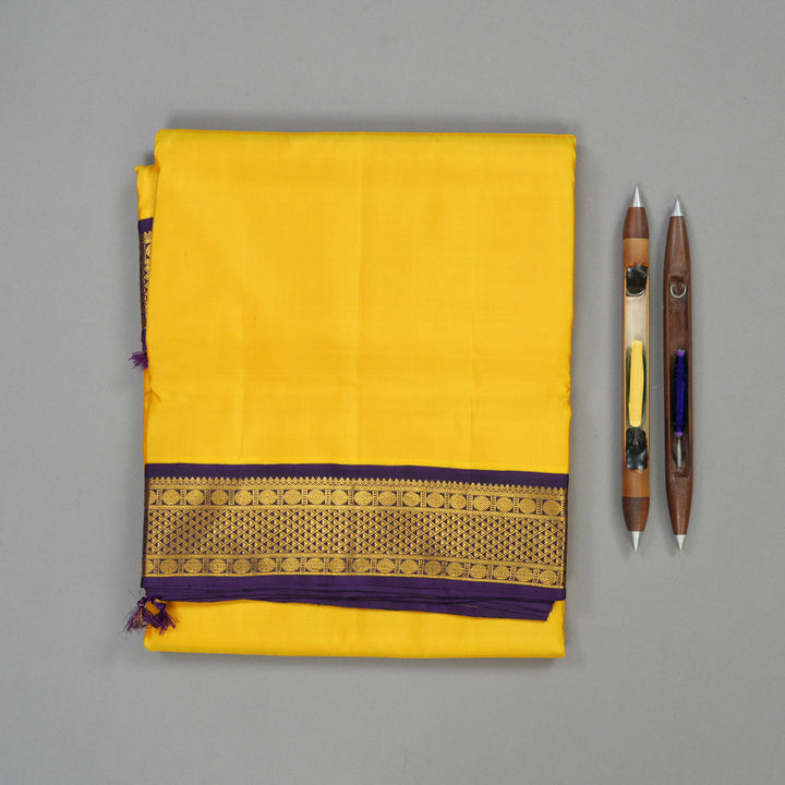 Hayagrivas Handloom Yellow Kanjivaram Ten Yards Silk Saree with Deep Violet contrast KBE958H2-2