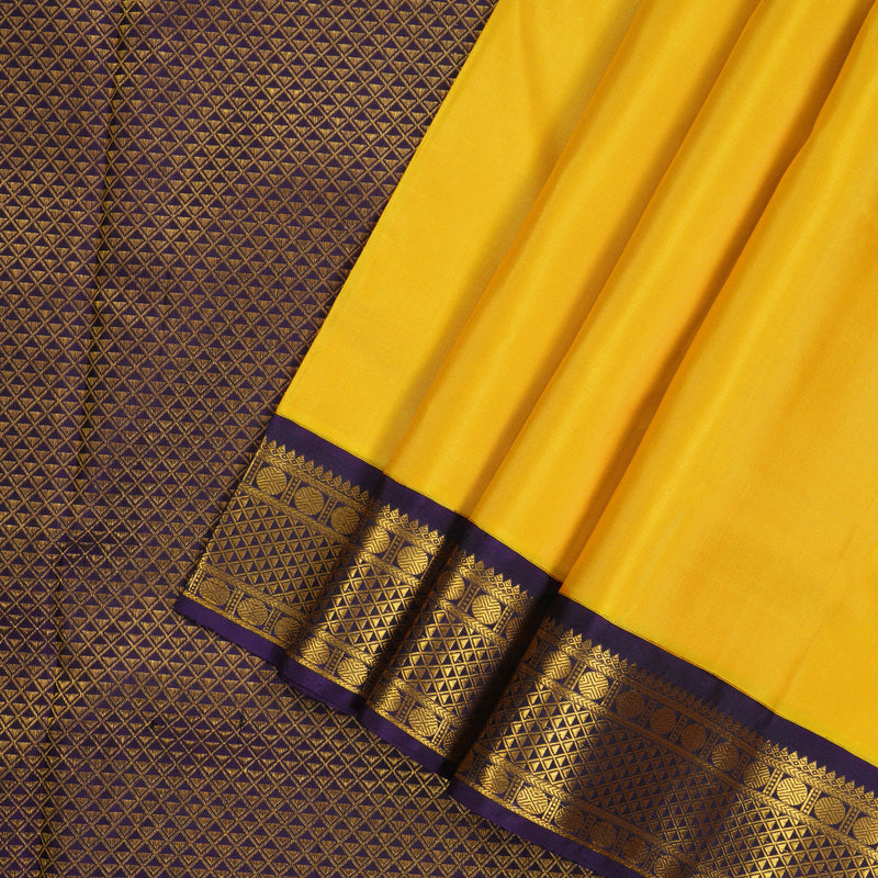 Hayagrivas Handloom Yellow Kanjivaram Ten Yards Silk Saree with Deep Violet contrast KBE958H2-2