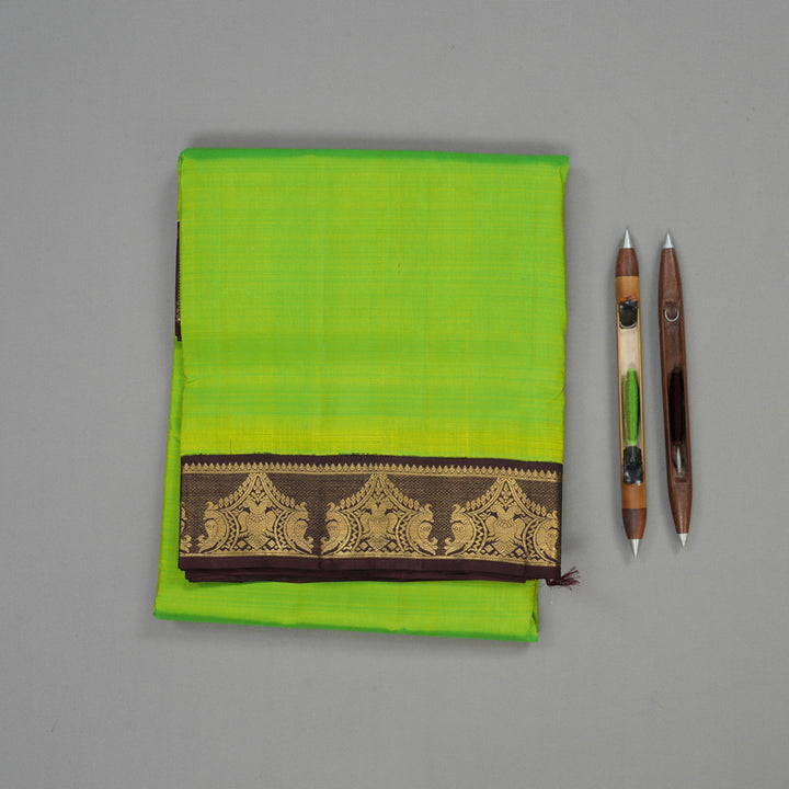 Hayagrivas Handloom Fluorescent Green Ten Yards Kanjivaram Silk Saree with Deep Brown Border KBE958H2-3