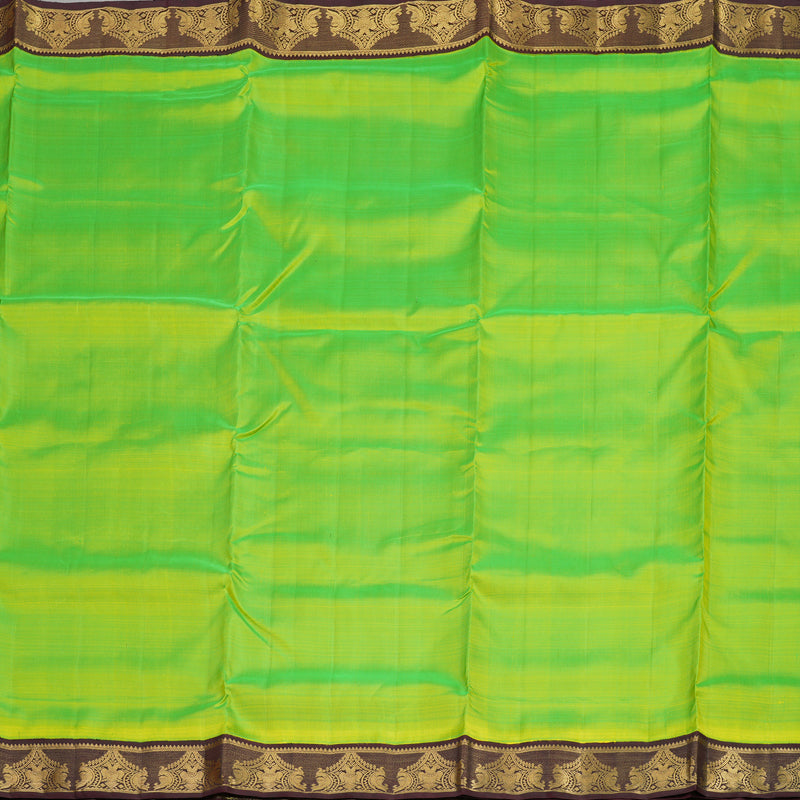 Hayagrivas Handloom Fluorescent Green Ten Yards Kanjivaram Silk Saree with Deep Brown Border KBE958H2-3