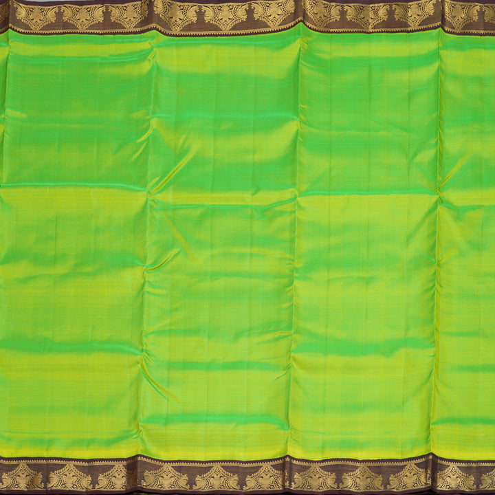 Hayagrivas Handloom Fluorescent Green Ten Yards Kanjivaram Silk Saree with Deep Brown Border KBE958H2-3
