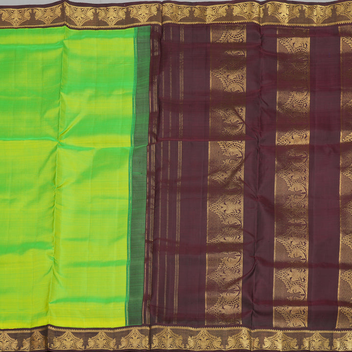 Hayagrivas Handloom Fluorescent Green Ten Yards Kanjivaram Silk Saree with Deep Brown Border KBE958H2-3