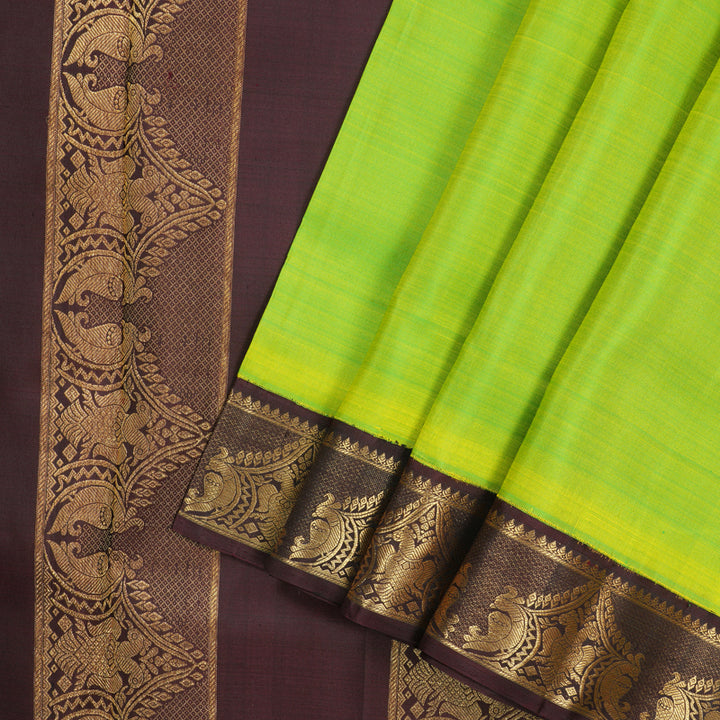 Hayagrivas Handloom Fluorescent Green Ten Yards Kanjivaram Silk Saree with Deep Brown Border KBE958H2-3