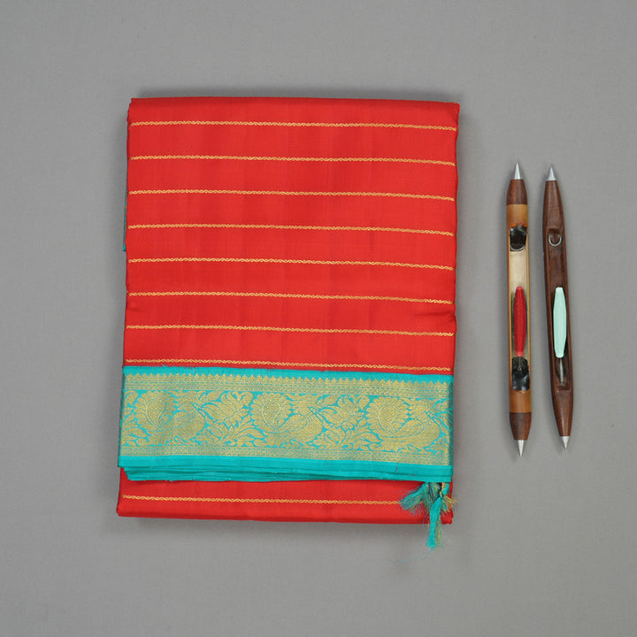 Hayagrivas Handloom Red Kanjivaram Ten Yards Silk Saree with Turquoise Border KBE958H4-1