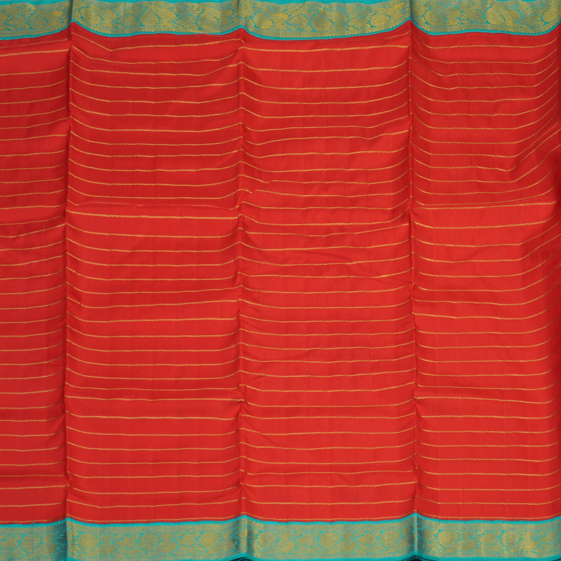 Hayagrivas Handloom Red Kanjivaram Ten Yards Silk Saree with Turquoise Border KBE958H4-1