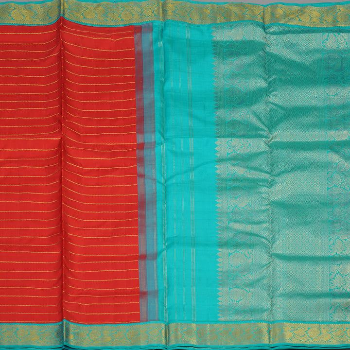 Hayagrivas Handloom Red Kanjivaram Ten Yards Silk Saree with Turquoise Border KBE958H4-1