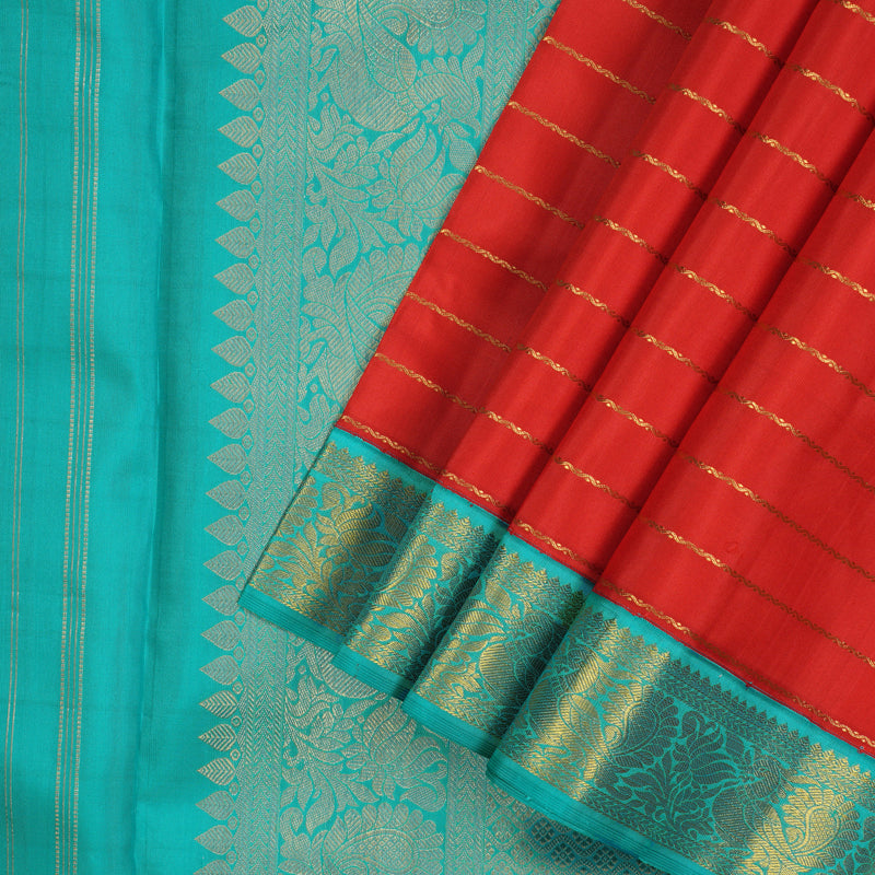 Hayagrivas Handloom Red Kanjivaram Ten Yards Silk Saree with Turquoise Border KBE958H4-1