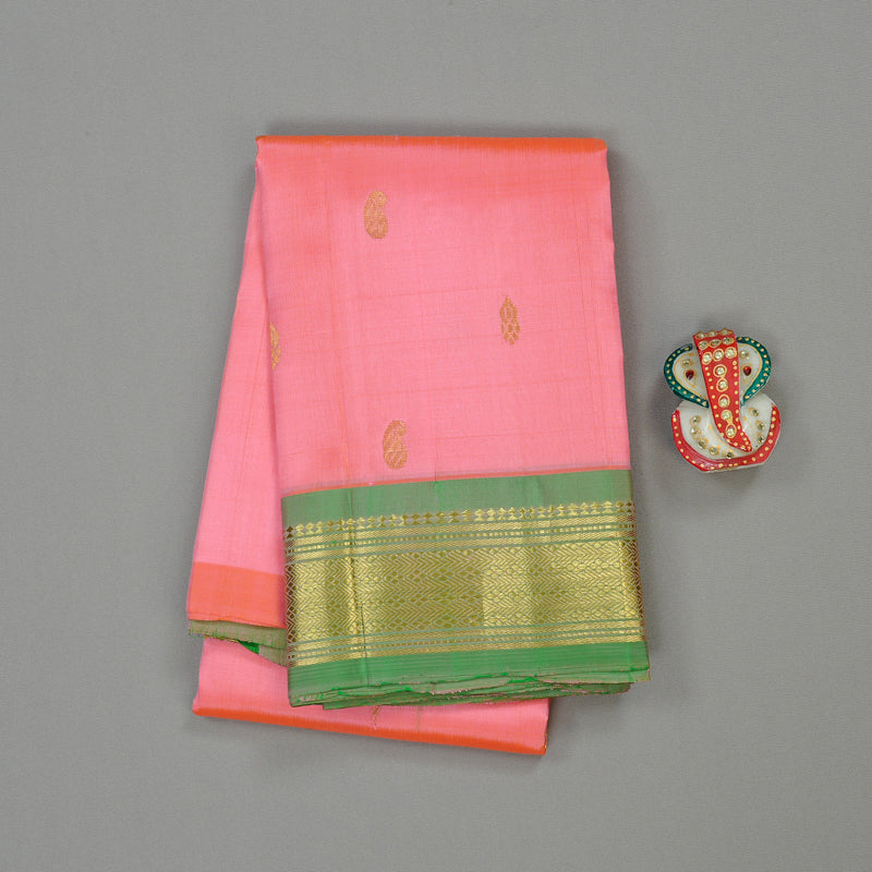 Hayagrivas Peach Pink Handloom Kanjivaram Silk Saree with Light Green Border KBE95D1-7