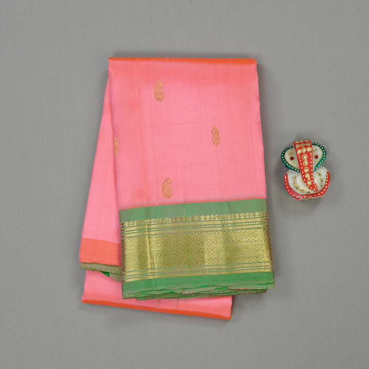 Hayagrivas Peach Pink Handloom Kanjivaram Silk Saree with Light Green Border KBE95D1-7