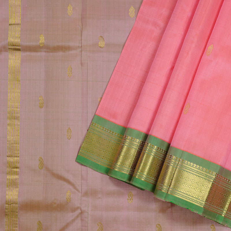 Hayagrivas Peach Pink Handloom Kanjivaram Silk Saree with Light Green Border KBE95D1-7