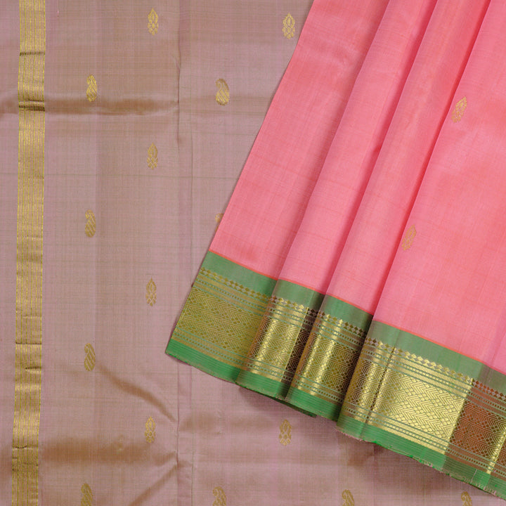 Hayagrivas Peach Pink Handloom Kanjivaram Silk Saree with Light Green Border KBE95D1-7
